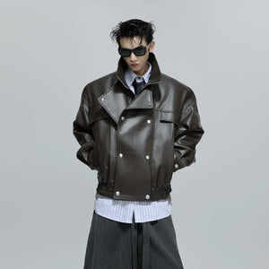 Streetwear style red faux leather jacket with deconstructed layers