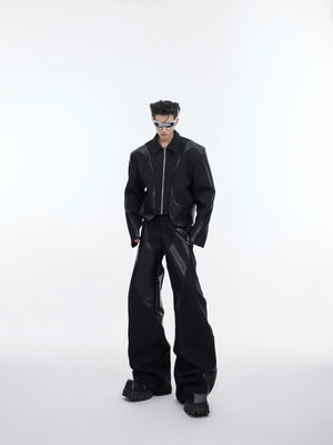 Men's black deconstructed cropped jacket with leather patchwork front view