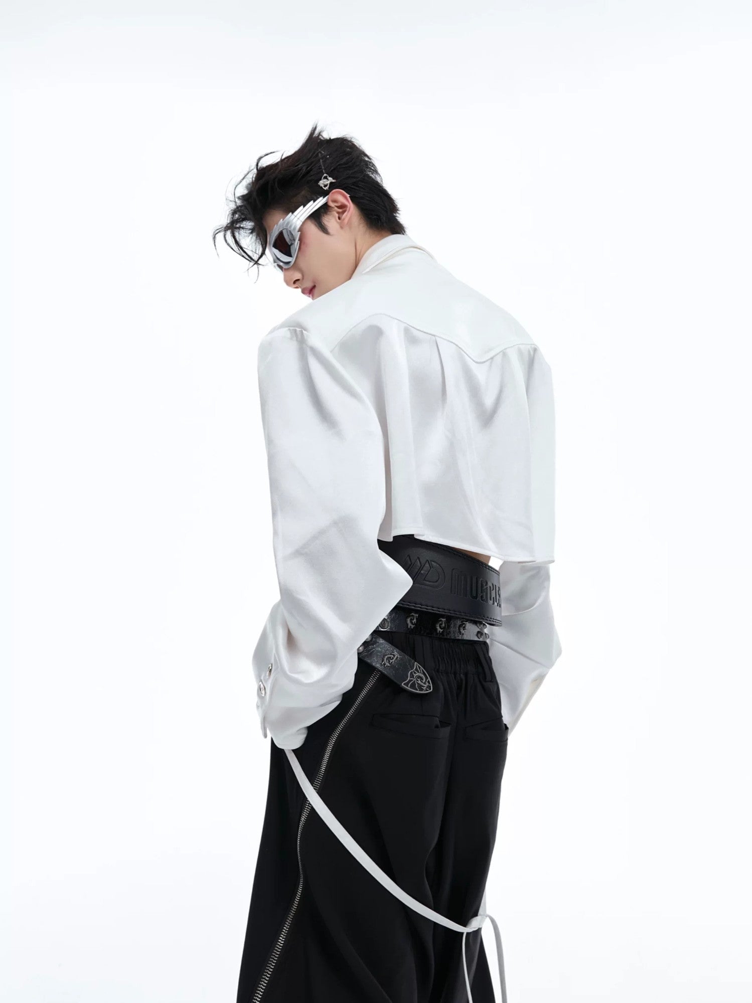 Close up of the patchwork and drawstring design on the deconstructed shirt