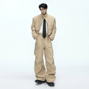 Heavyweight black deconstructed cropped jacket with multi-pockets