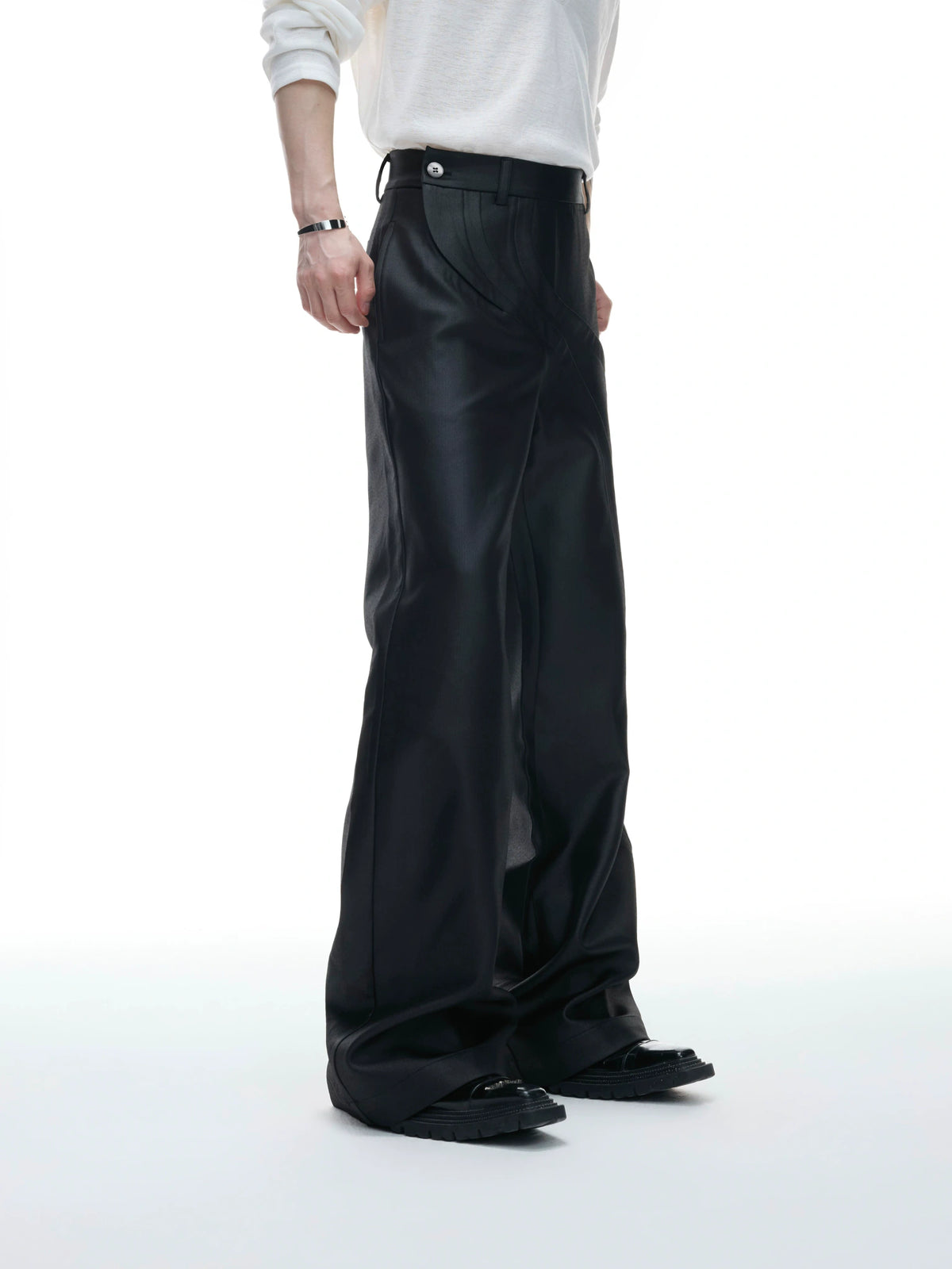 Deconstructed Curved-Wave Flared Trousers in Black - main image 3