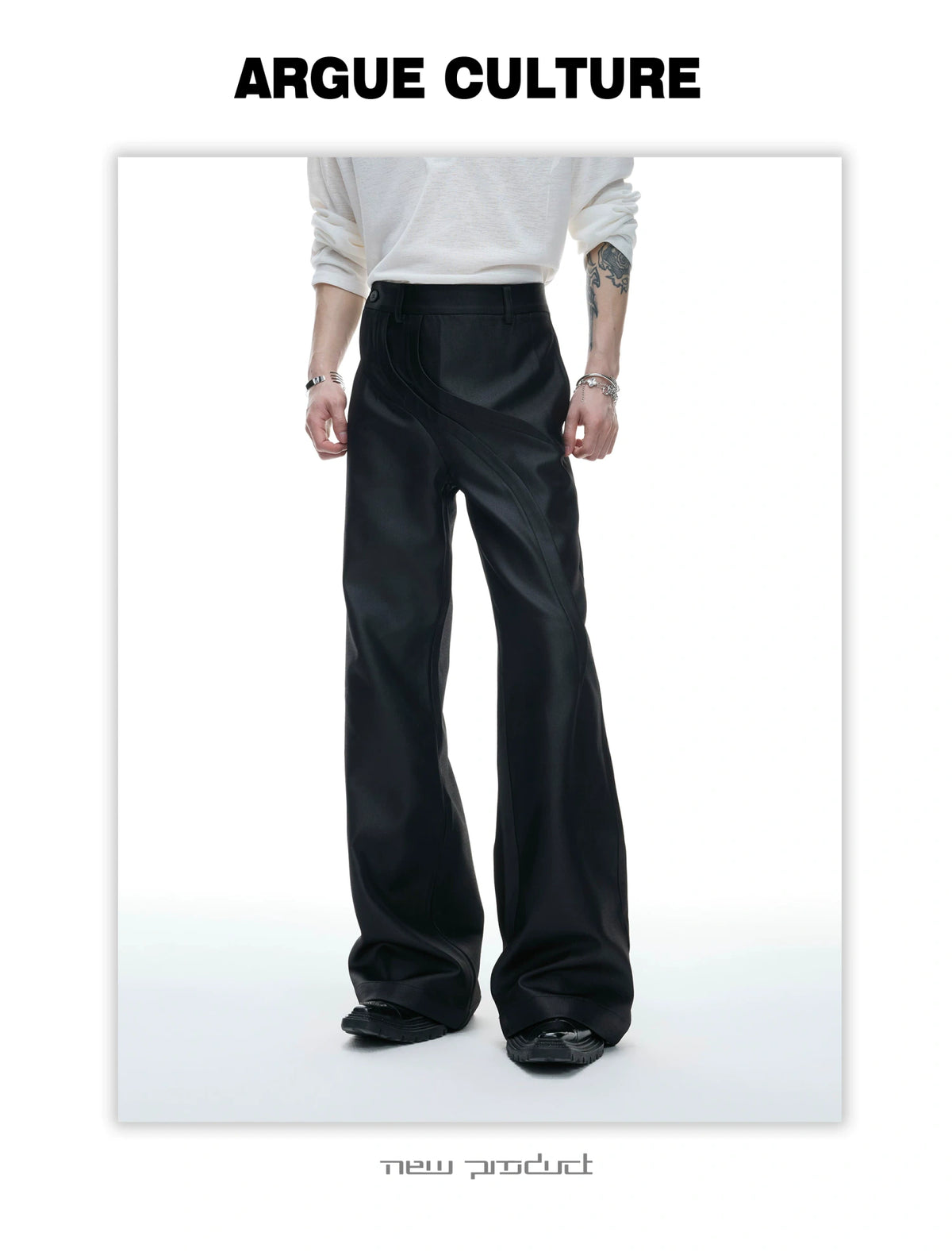 Deconstructed Curved-Wave Flared Trousers in Black - detail image 3