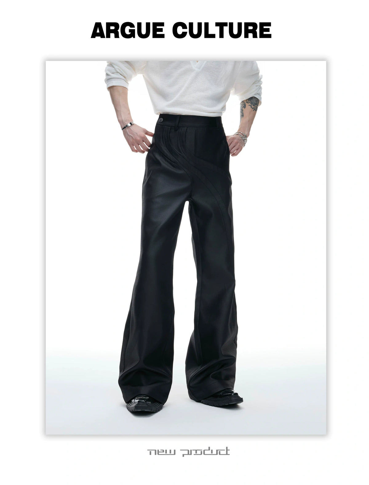 Deconstructed Curved-Wave Flared Trousers in Black - detail image 2