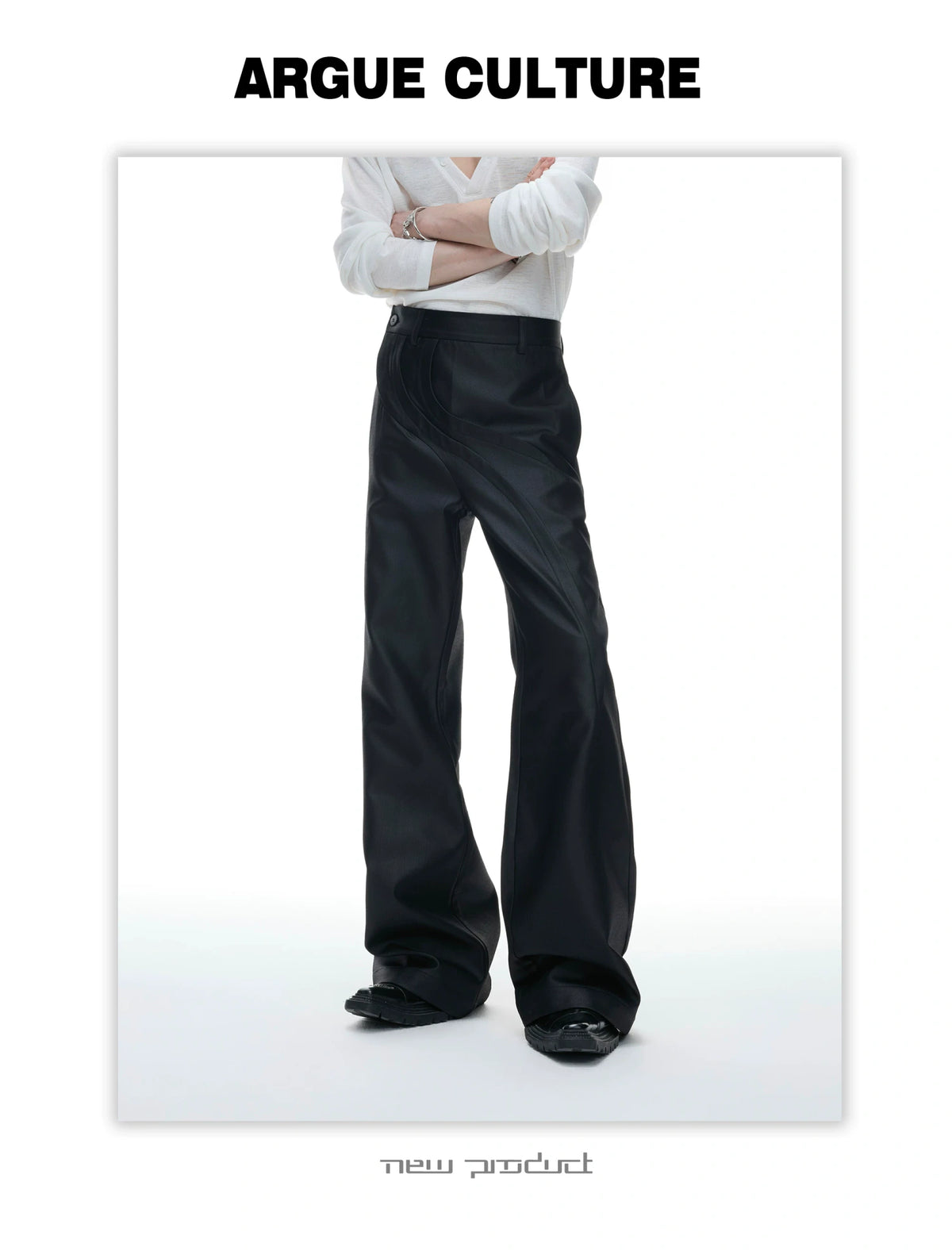 Deconstructed Curved-Wave Flared Trousers in Black - detail image 8
