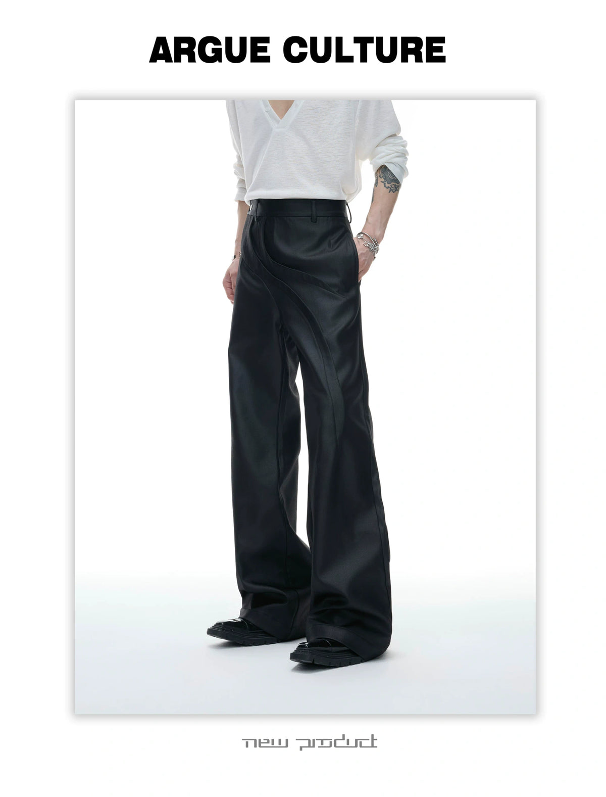 Deconstructed Curved-Wave Flared Trousers in Black - detail image 7