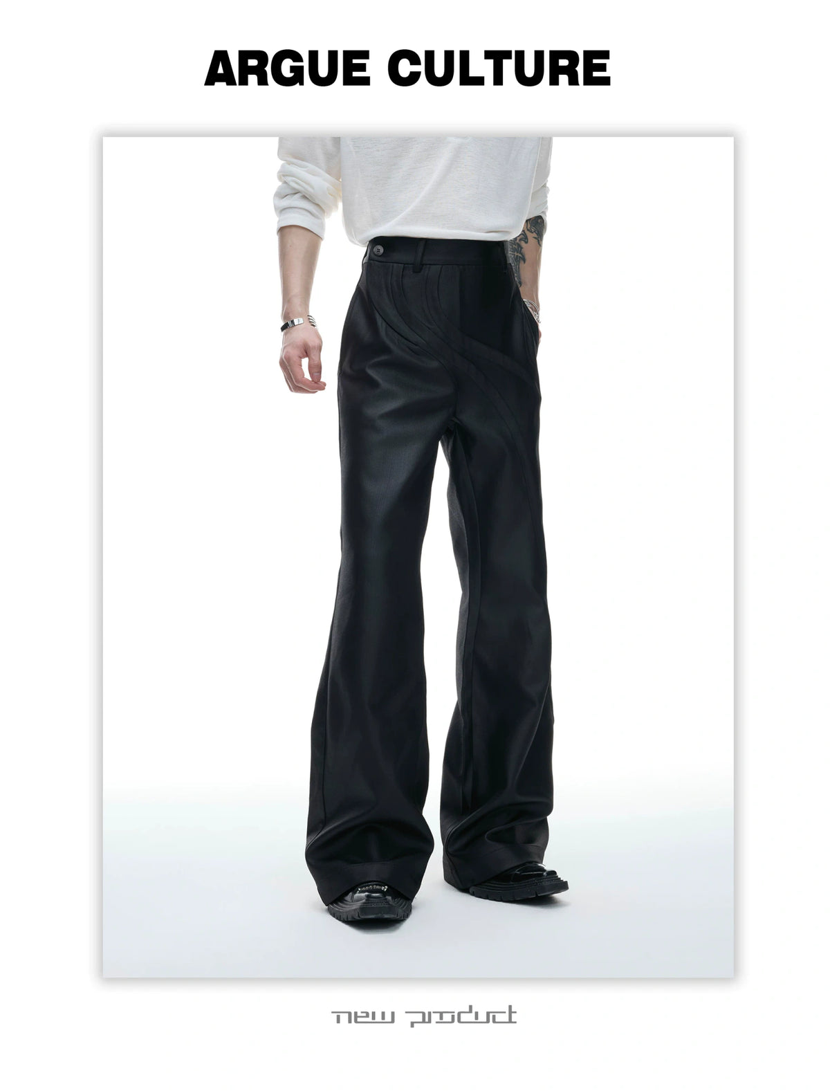 Deconstructed Curved-Wave Flared Trousers in Black - detail image 4