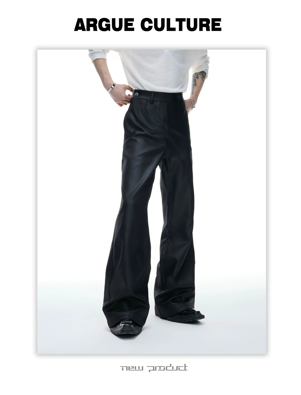 Deconstructed Curved-Wave Flared Trousers in Black - detail image 5