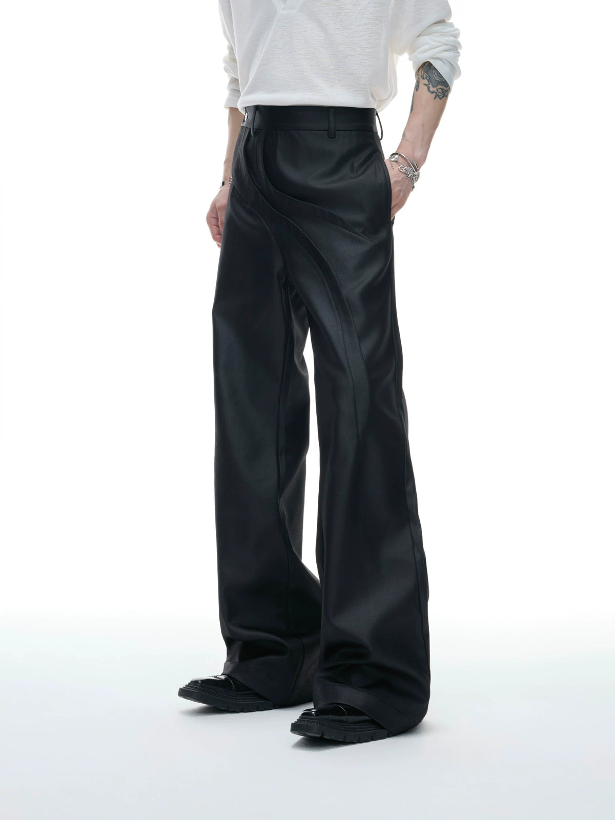 Deconstructed Curved-Wave Flared Trousers in Black - main image 2