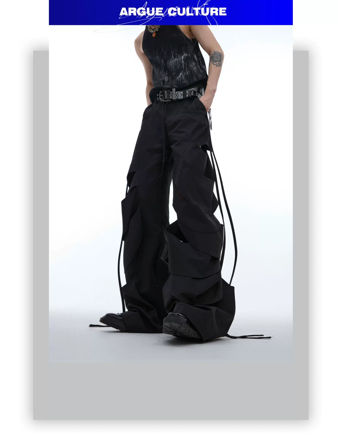 desc::deconstructed-cutout-flare-cargo-pants-with-streamers-detail-img-1