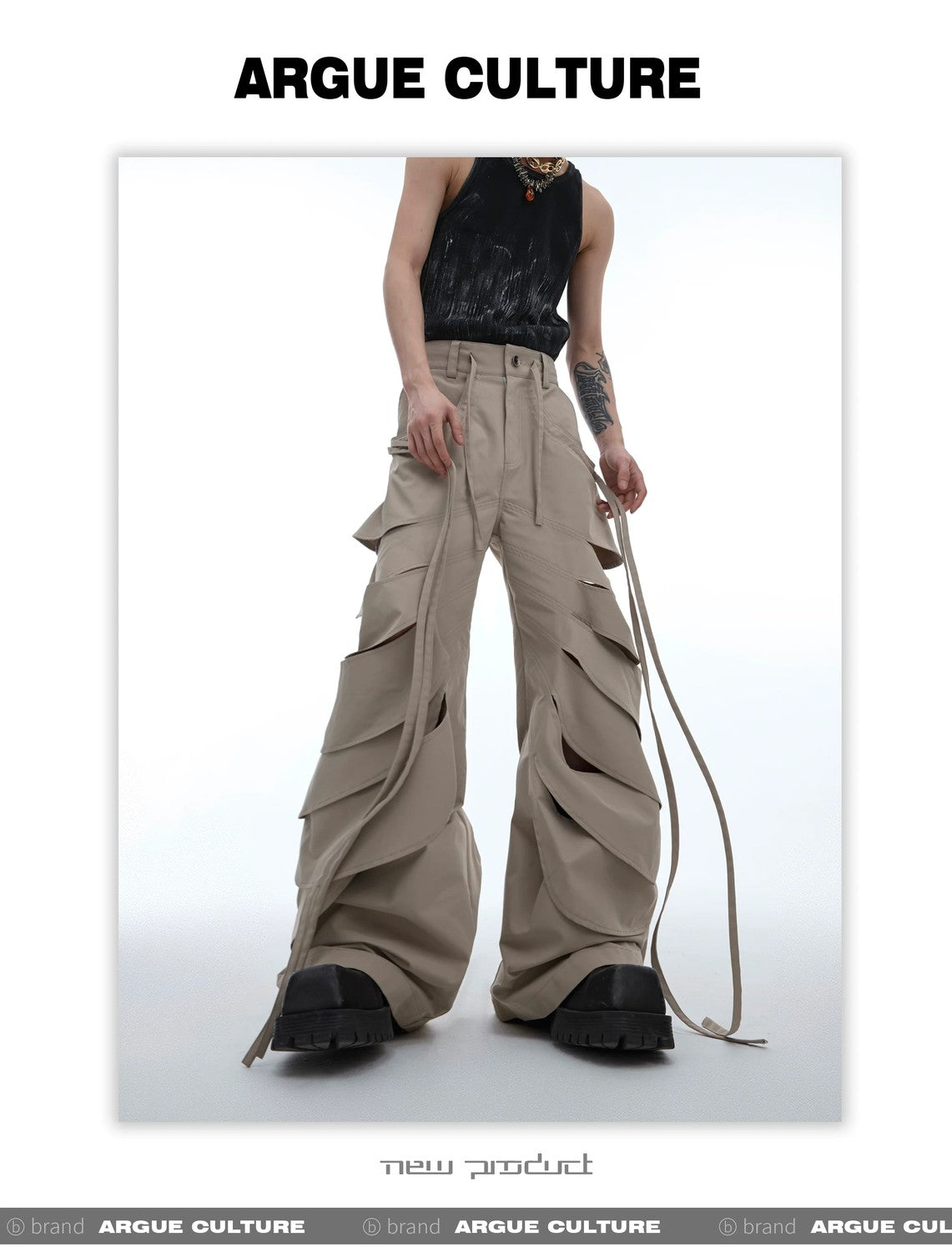 desc::deconstructed-cutout-flare-cargo-pants-with-streamers-detail-img-10