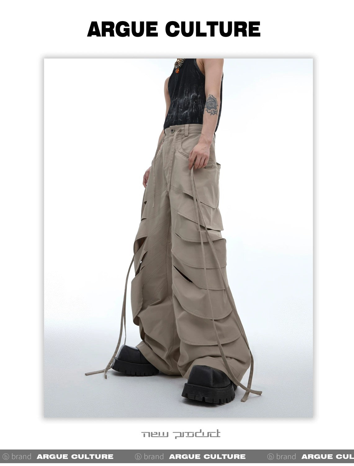 desc::deconstructed-cutout-flare-cargo-pants-with-streamers-detail-img-11