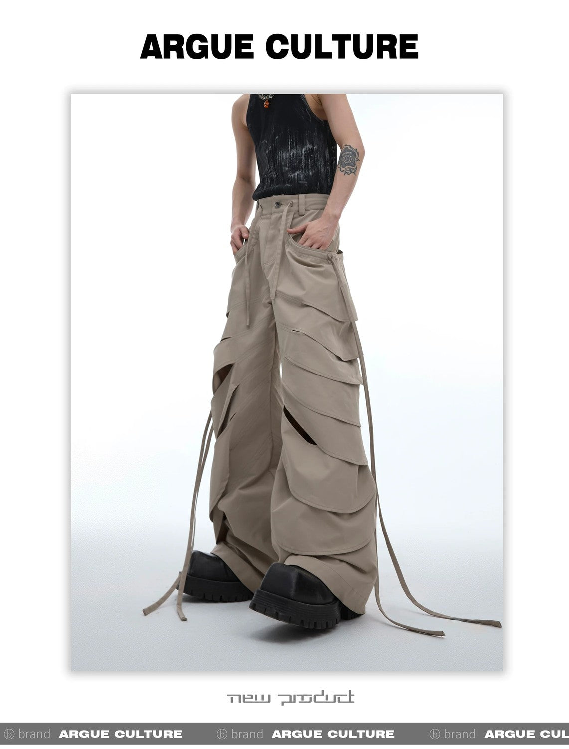 desc::deconstructed-cutout-flare-cargo-pants-with-streamers-detail-img-15