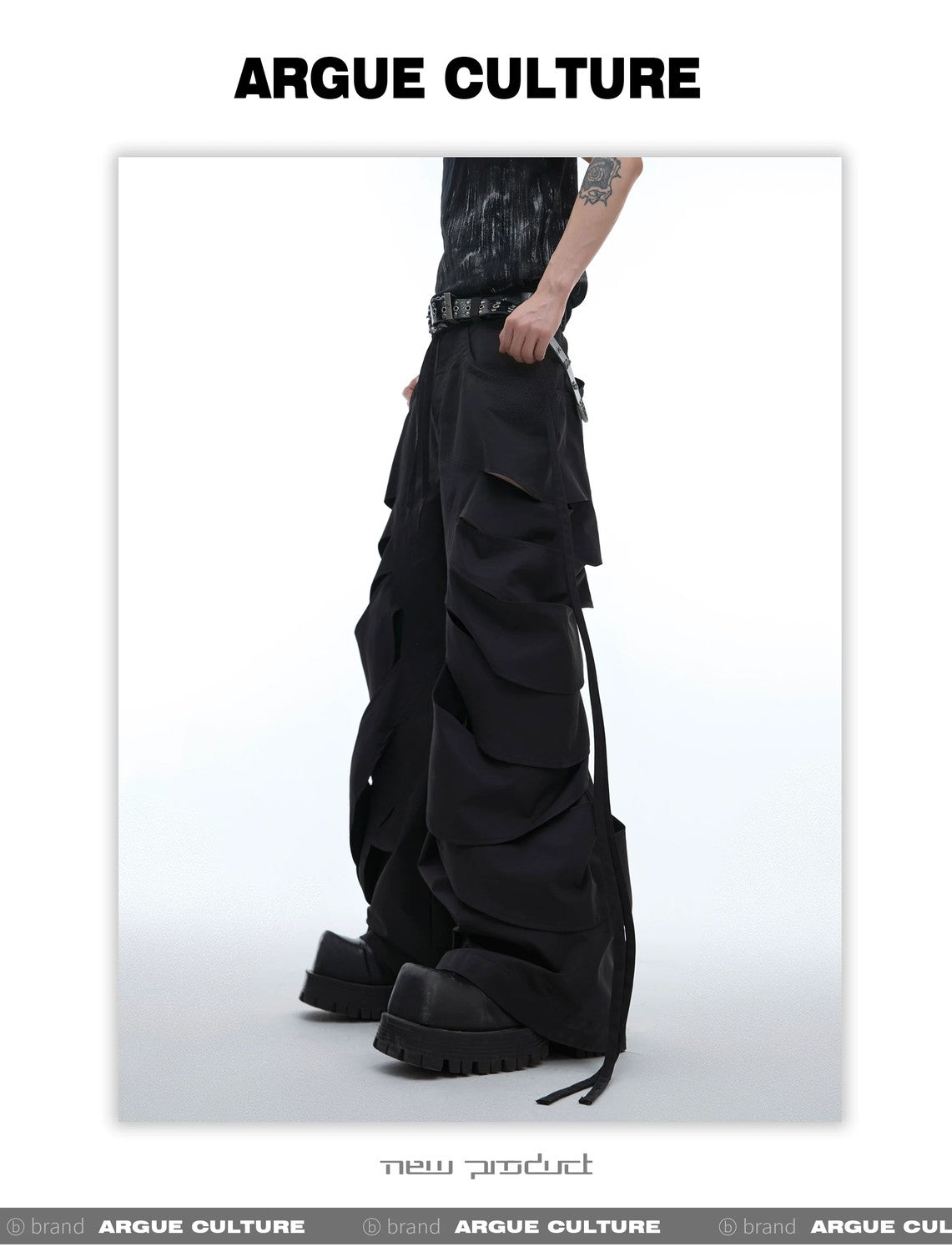 desc::deconstructed-cutout-flare-cargo-pants-with-streamers-detail-img-2