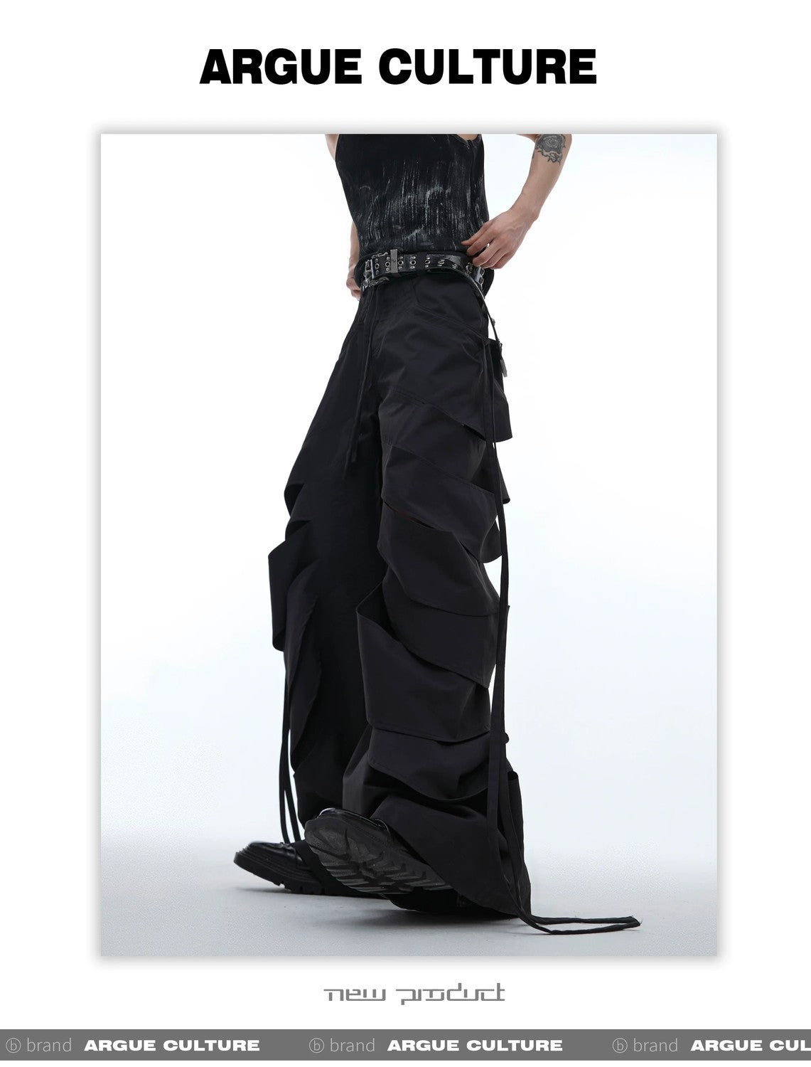 desc::deconstructed-cutout-flare-cargo-pants-with-streamers-detail-img-4