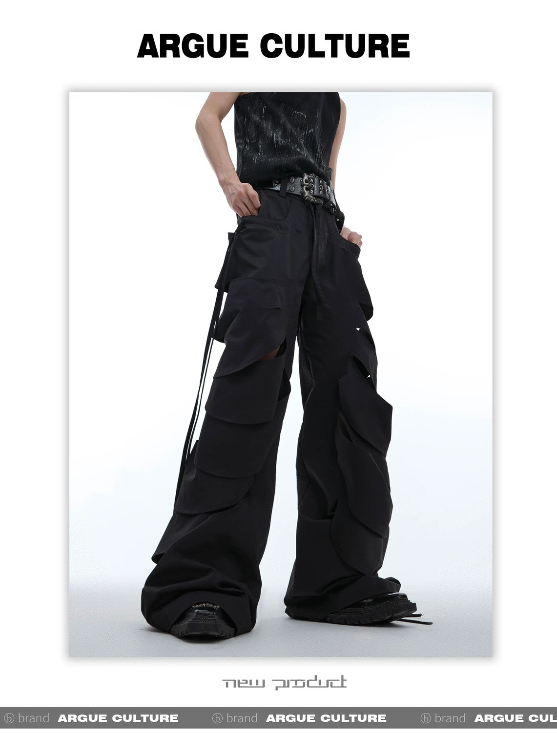 desc::deconstructed-cutout-flare-cargo-pants-with-streamers-detail-img-6