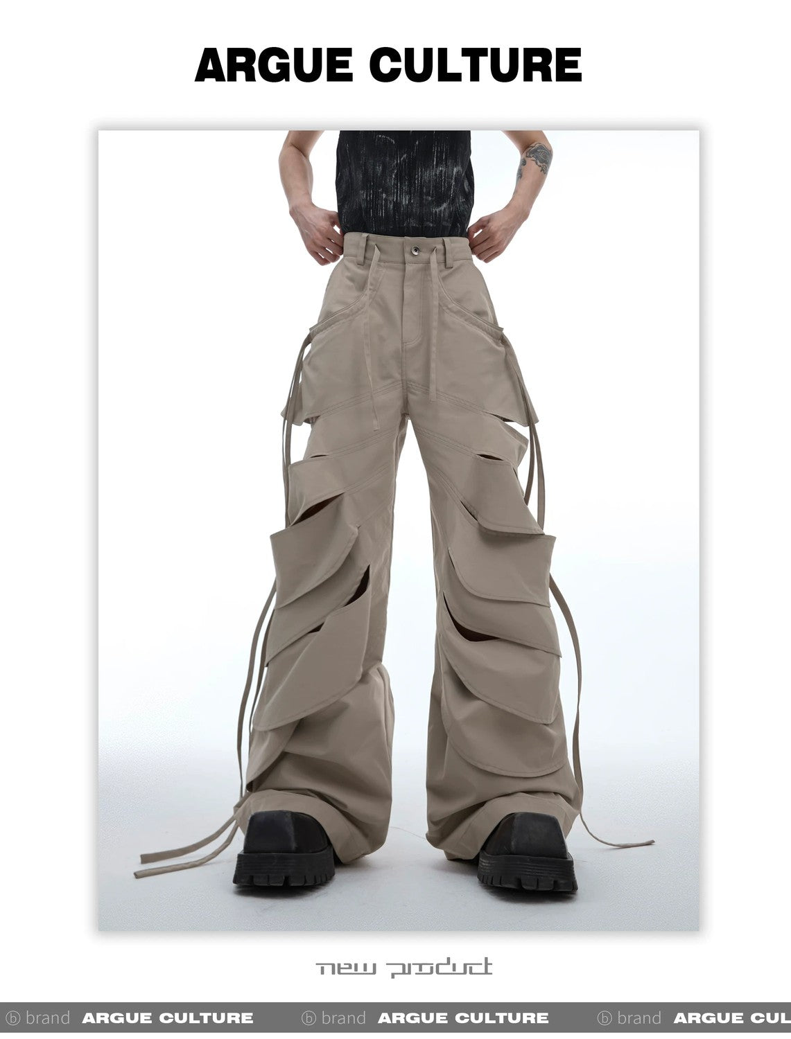 desc::deconstructed-cutout-flare-cargo-pants-with-streamers-detail-img-8