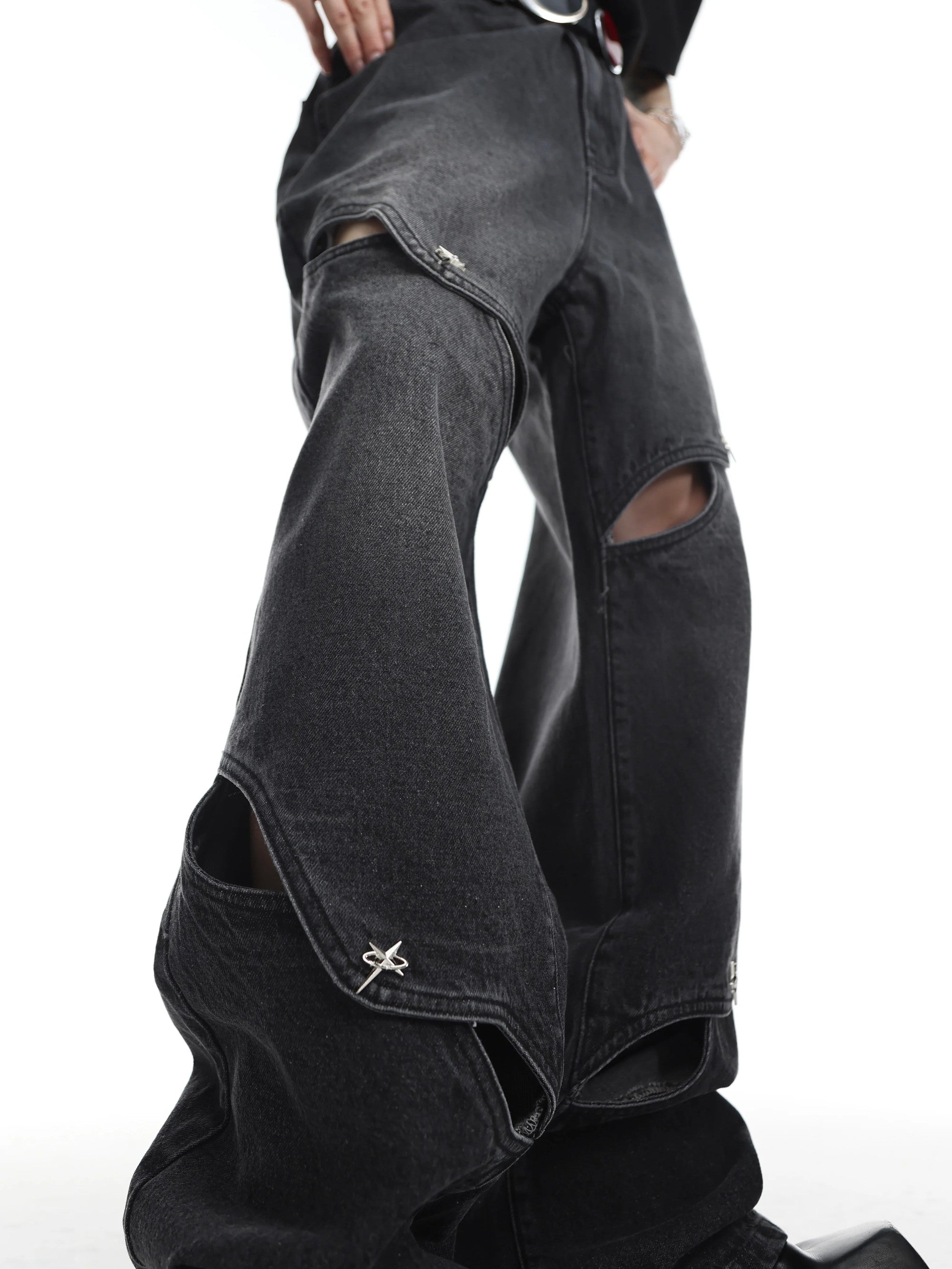 Close-up of vintage stone wash texture and metal button details