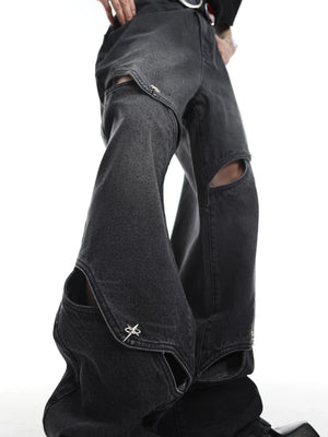 Close-up of vintage stone wash texture and metal button details