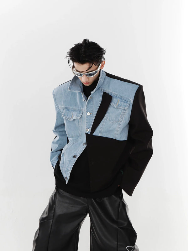 Deconstructed Denim Jacket | Patchwork Padded Shoulder Blazer - ArguE CulturE