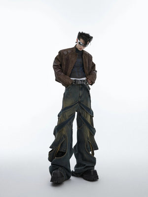 Back view of baggy wasteland style denim pants with vintage wash