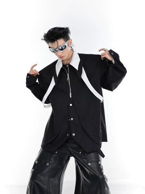 Model wearing a black deconstructed cardigan shirt for urban style