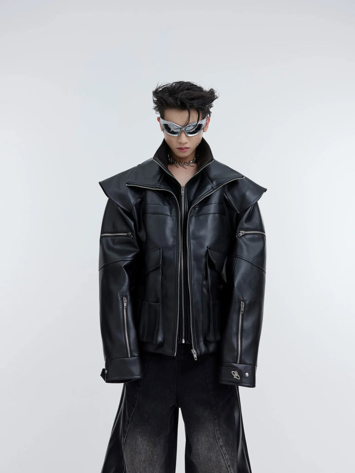 Deconstructed Double - Layer Zip Faux Leather Jacket | Heavyweight Two - Piece Biker Coat - ArguE CulturE