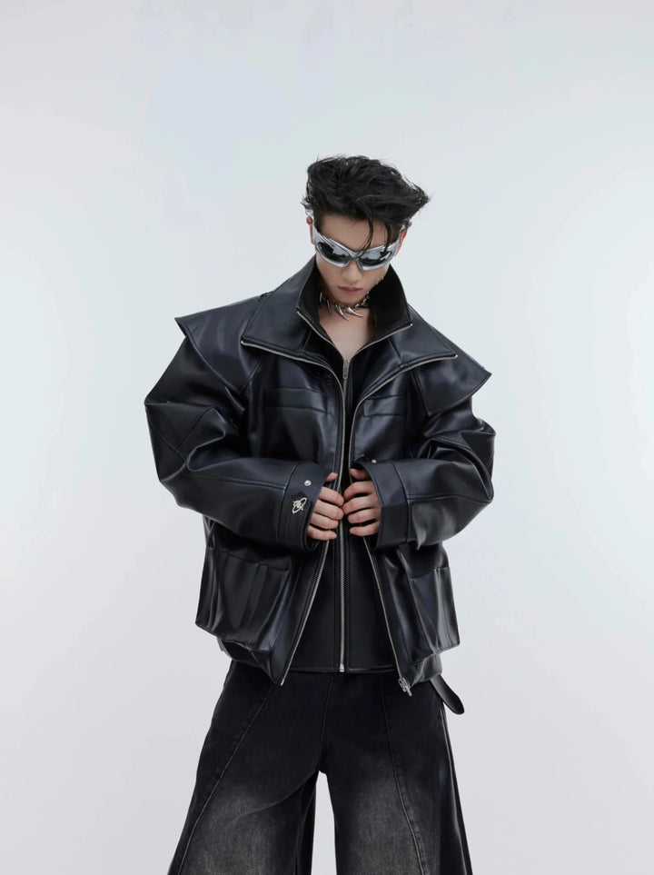 Deconstructed Double - Layer Zip Faux Leather Jacket | Heavyweight Two - Piece Biker Coat - ArguE CulturE