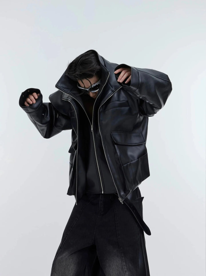 Deconstructed Double - Layer Zip Faux Leather Jacket | Heavyweight Two - Piece Biker Coat - ArguE CulturE