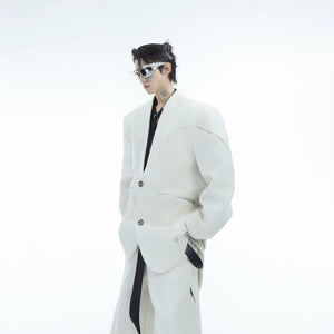 Men's deconstructed black blazer with double metal zipper design and collarless neck