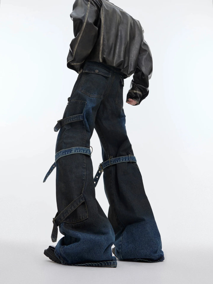 Deconstructed Dyeing Washed Flared Jeans with Strappy Design - ArguE CulturE