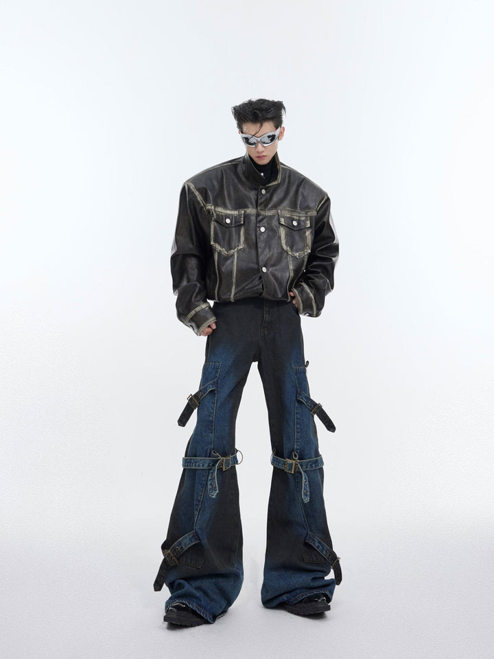 Deconstructed Dyeing Washed Flared Jeans with Strappy Design - ArguE CulturE