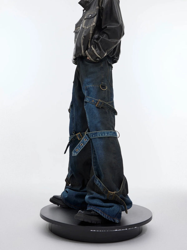 Deconstructed Dyeing Washed Flared Jeans with Strappy Design - ArguE CulturE