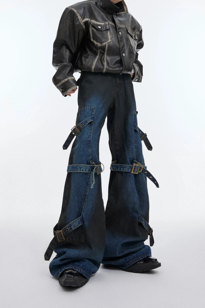 Deconstructed Dyeing Washed Flared Jeans with Strappy Design - ArguE CulturE