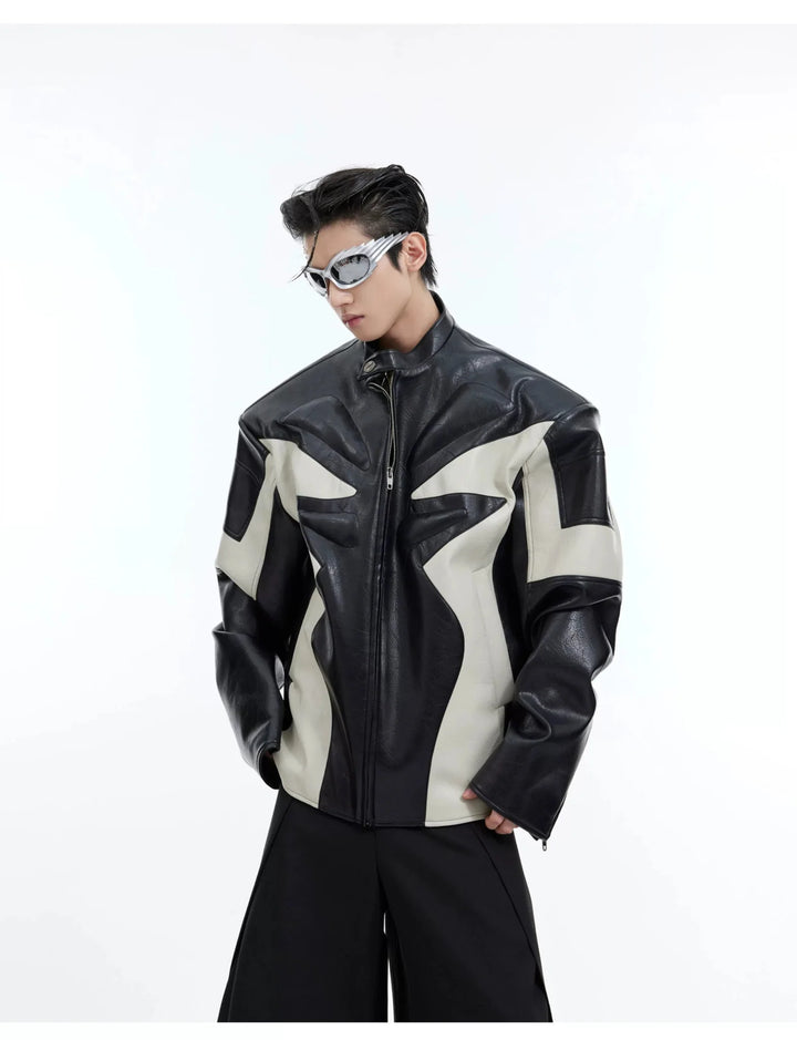 Deconstructed Embossed Design Jacket | Color - Block Short Biker Faux Leather Coat - ArguE CulturE