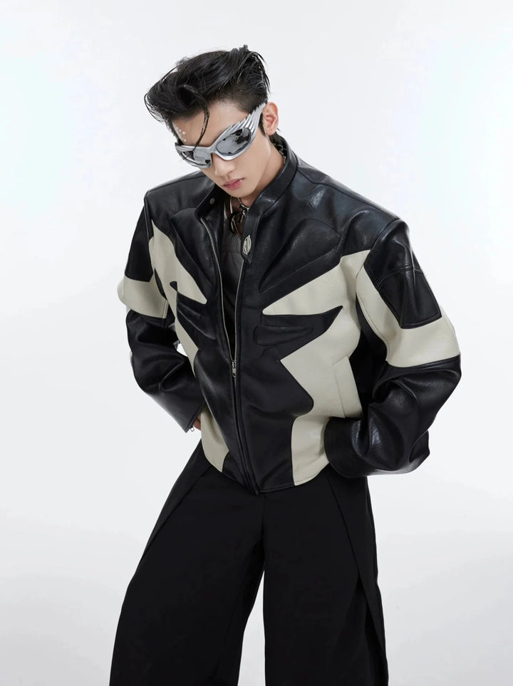 Deconstructed Embossed Design Jacket | Color - Block Short Biker Faux Leather Coat - ArguE CulturE