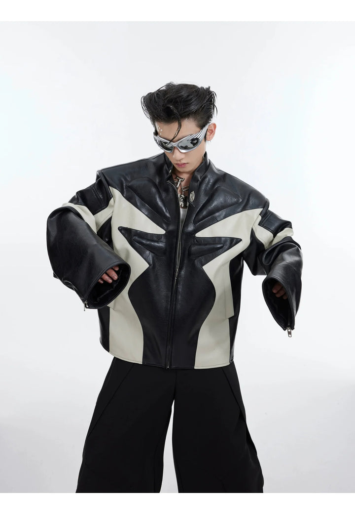 Deconstructed Embossed Design Jacket | Color - Block Short Biker Faux Leather Coat - ArguE CulturE