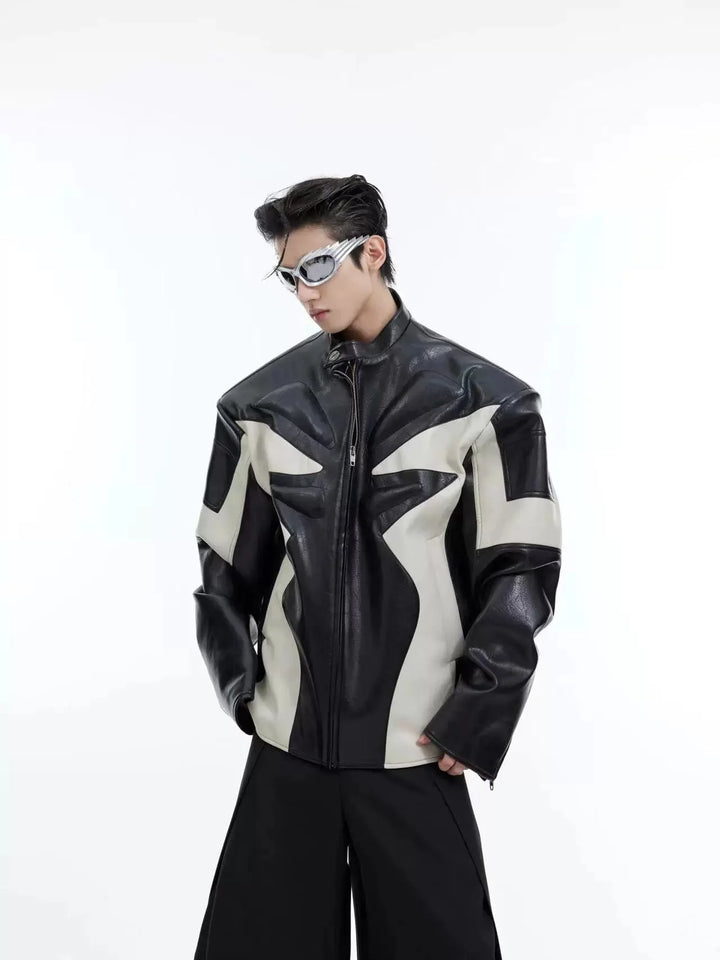 Deconstructed Embossed Design Jacket | Color - Block Short Biker Faux Leather Coat - ArguE CulturE