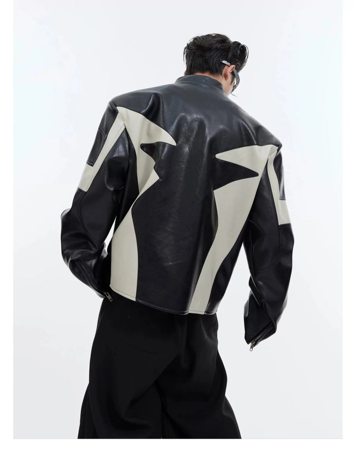 Deconstructed Embossed Design Jacket | Color - Block Short Biker Faux Leather Coat - ArguE CulturE