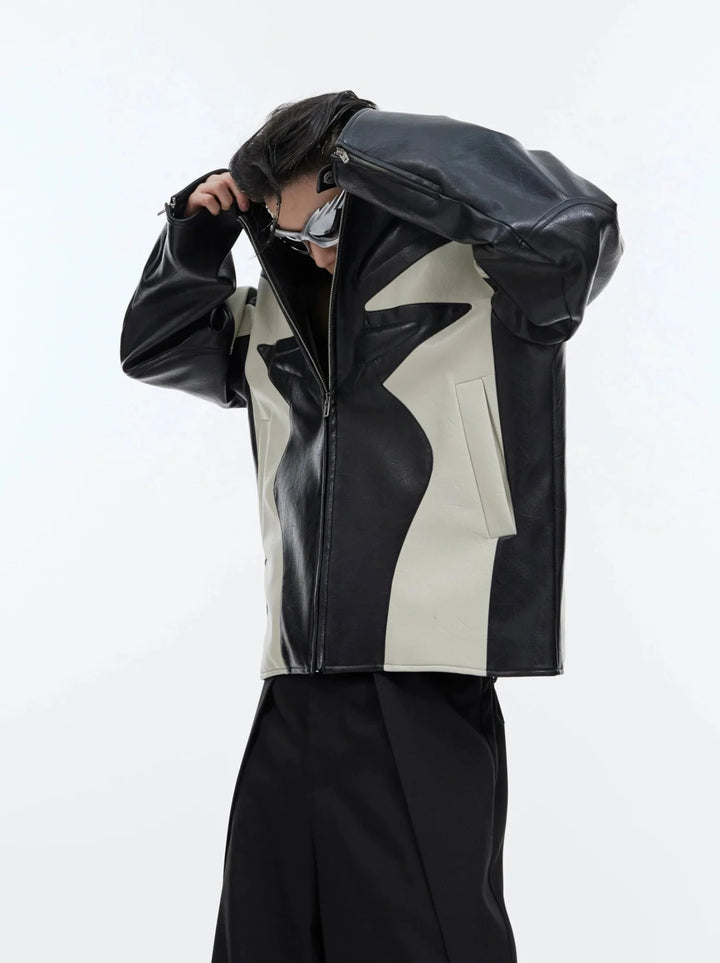 Deconstructed Embossed Design Jacket | Color - Block Short Biker Faux Leather Coat - ArguE CulturE