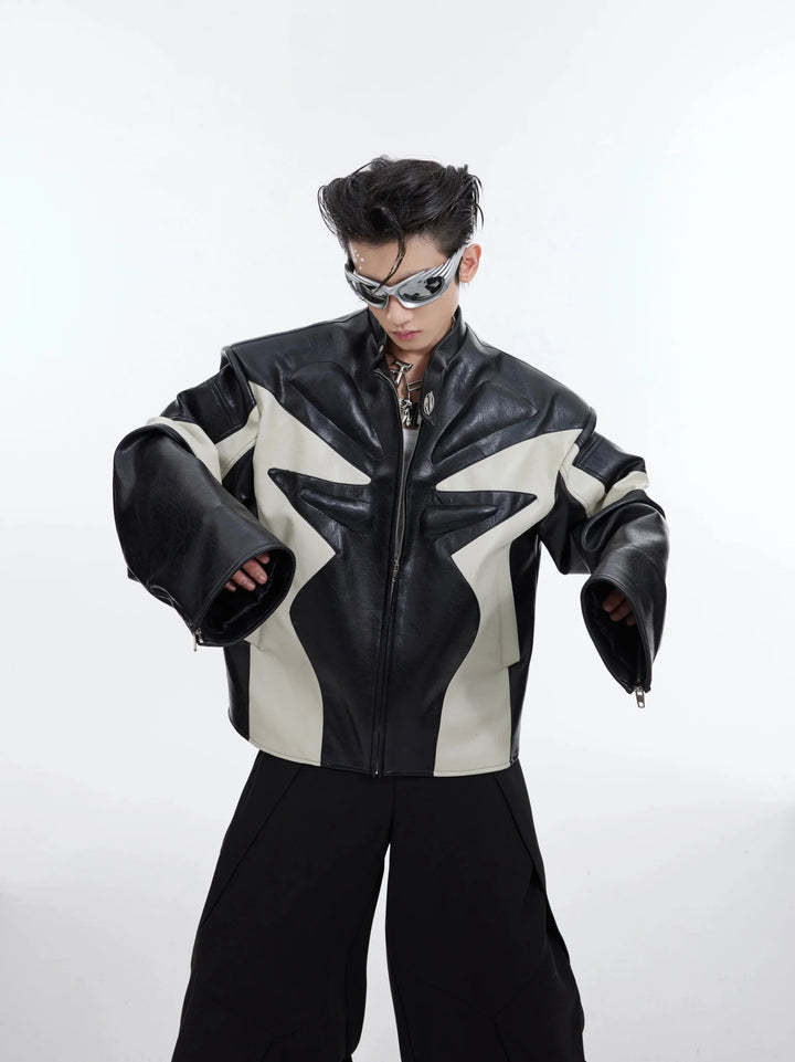 Deconstructed Embossed Design Jacket | Color - Block Short Biker Faux Leather Coat - ArguE CulturE