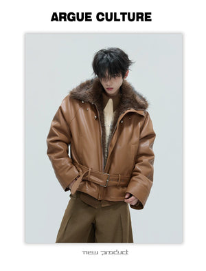 desc::deconstructed-faux-fur-collar-padded-leather-jacket-detail-img-11