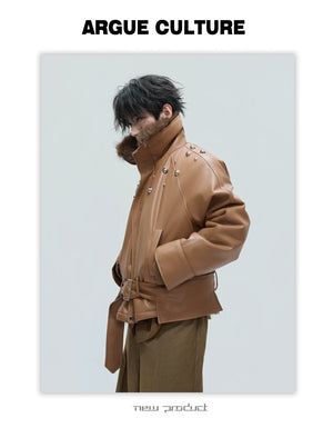 desc::deconstructed-faux-fur-collar-padded-leather-jacket-detail-img-12