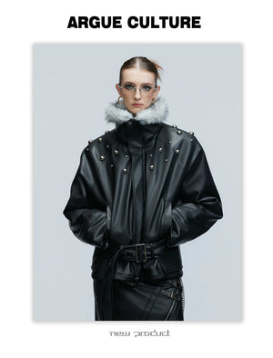 desc::deconstructed-faux-fur-collar-padded-leather-jacket-detail-img-18