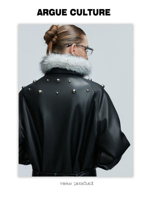 desc::deconstructed-faux-fur-collar-padded-leather-jacket-detail-img-2