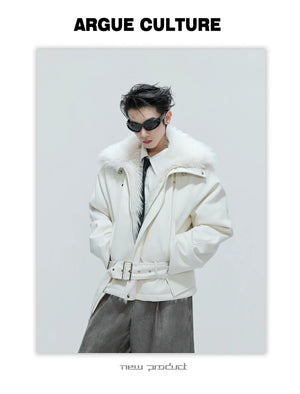 desc::deconstructed-faux-fur-collar-padded-leather-jacket-detail-img-4