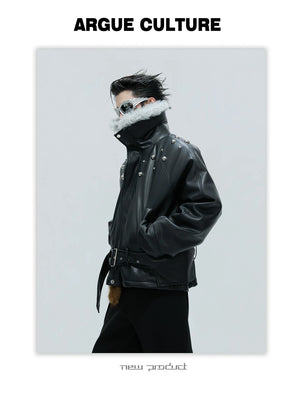 desc::deconstructed-faux-fur-collar-padded-leather-jacket-detail-img-6