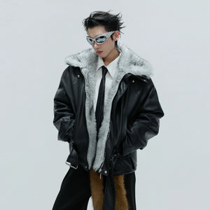 Front view of the deconstructed faux leather jacket with brown fur collar