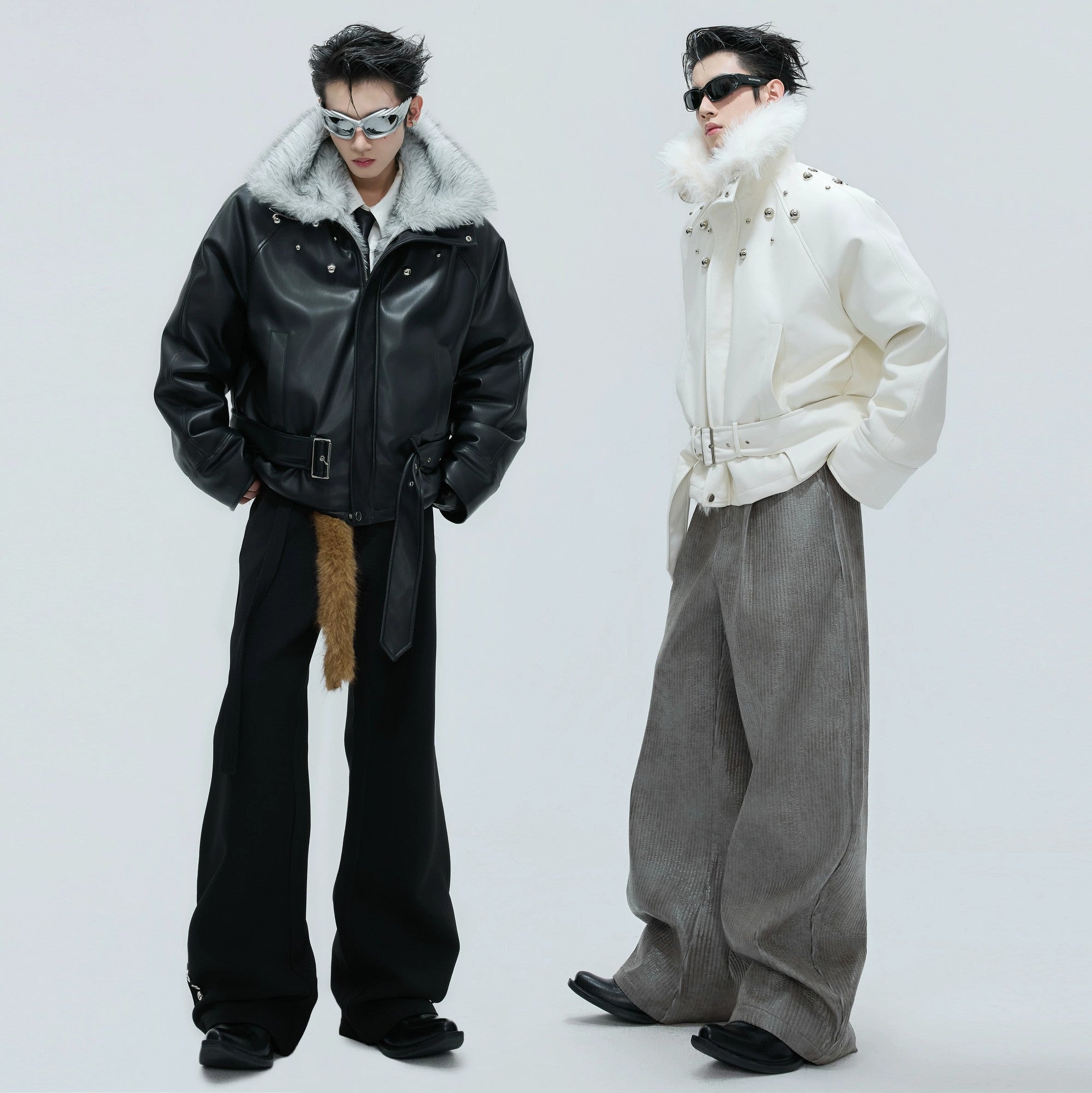 Detailed texture of the oversized faux wolf fur collar on winter coat