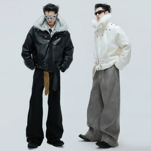 Detailed texture of the oversized faux wolf fur collar on winter coat