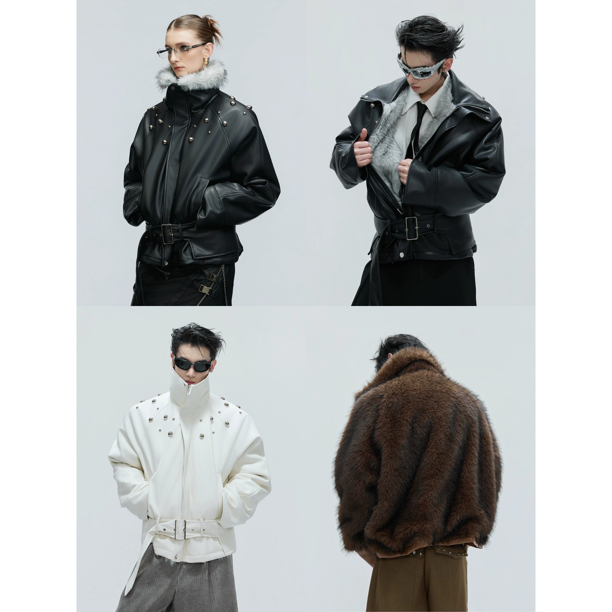 Model wearing a brown deconstructed leather jacket in a street setting